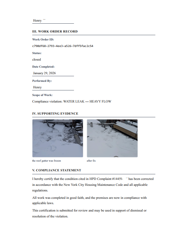 Certification of Correction page 2 – work order record, supporting evidence photos, and compliance statement